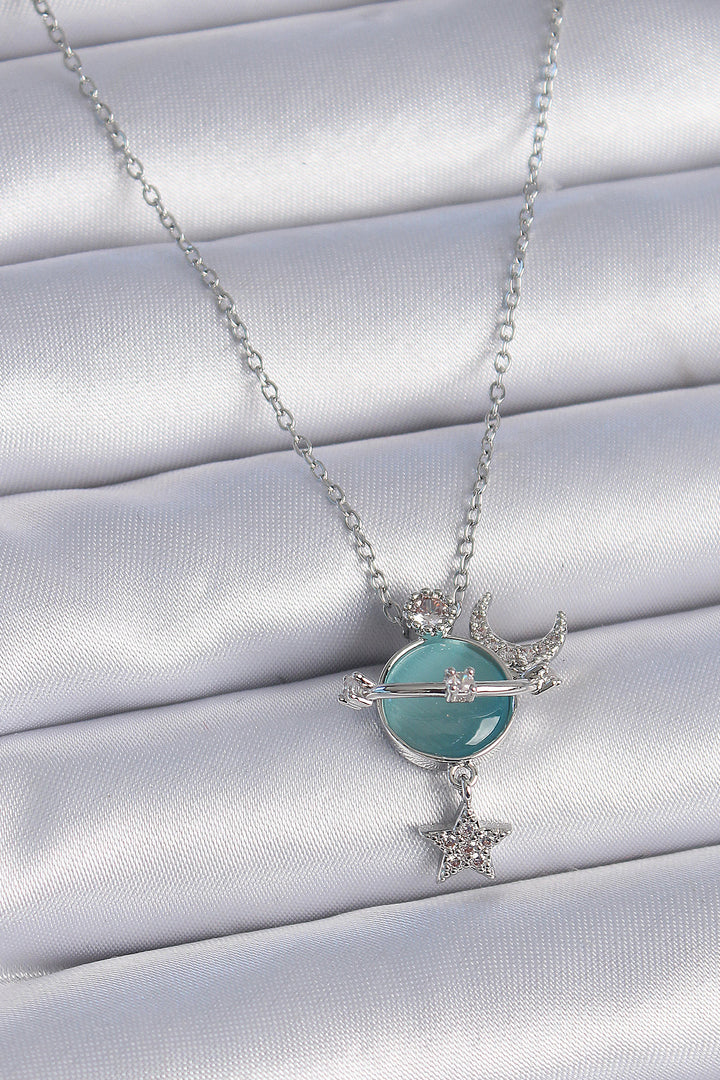 EBJ 316L Stainless Steel Chain Silver Color Green Mother of Pearl Planet Model Zircon Stone Star and Crescent Model Women's Necklace - Newark