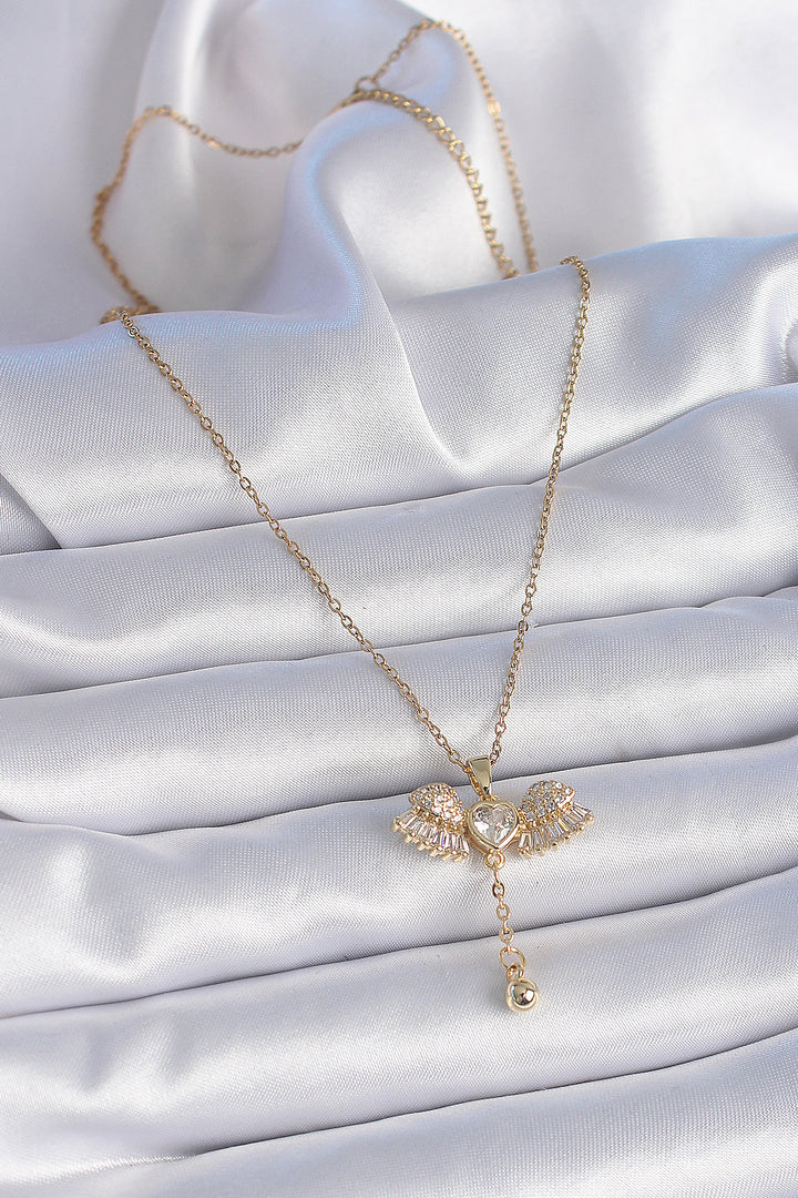 EBJ 316L Stainless Steel Chain Gold Color Wing Model Pendant Detail Women's Necklace with Zircon Stone - Perote
