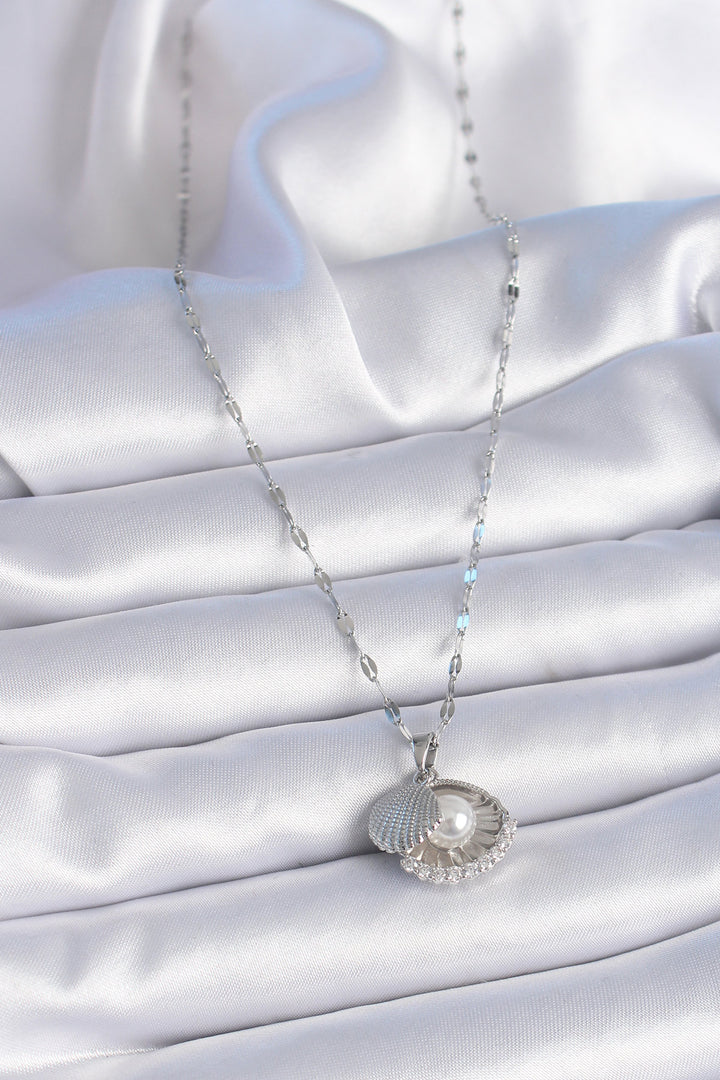 EBJ 316L Stainless Steel Chain Silver Color Zircon Stone Detailed Oyster Model Pearl Detail Women's Necklace - St. Joseph