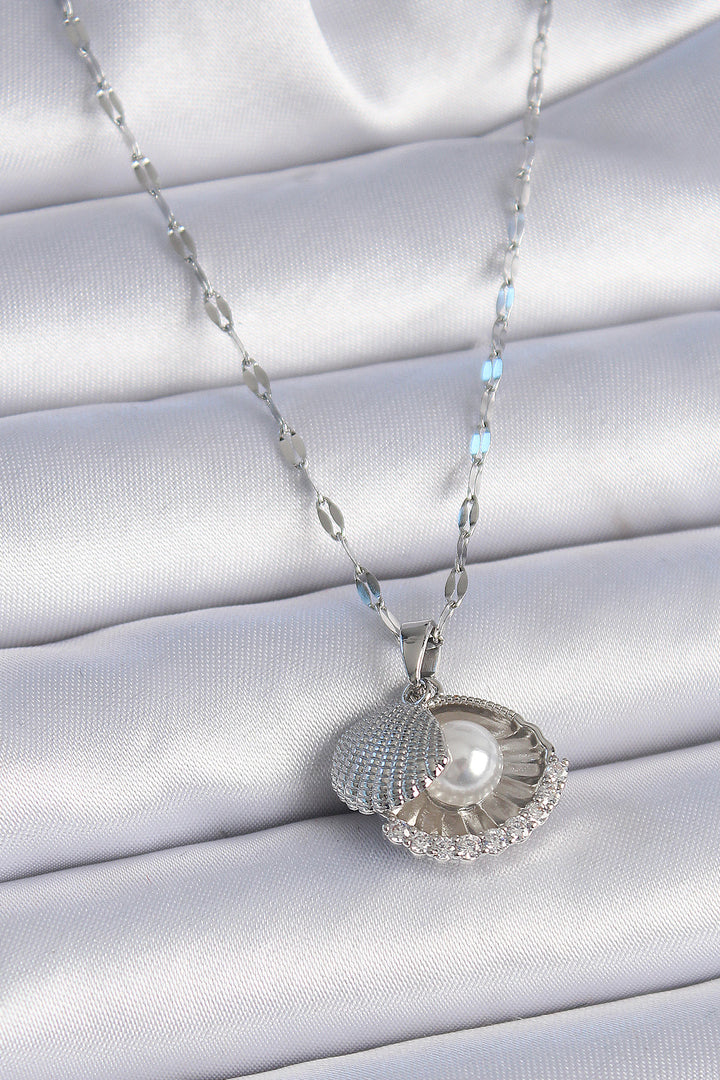 EBJ 316L Stainless Steel Chain Silver Color Zircon Stone Detailed Oyster Model Pearl Detail Women's Necklace - St. Joseph