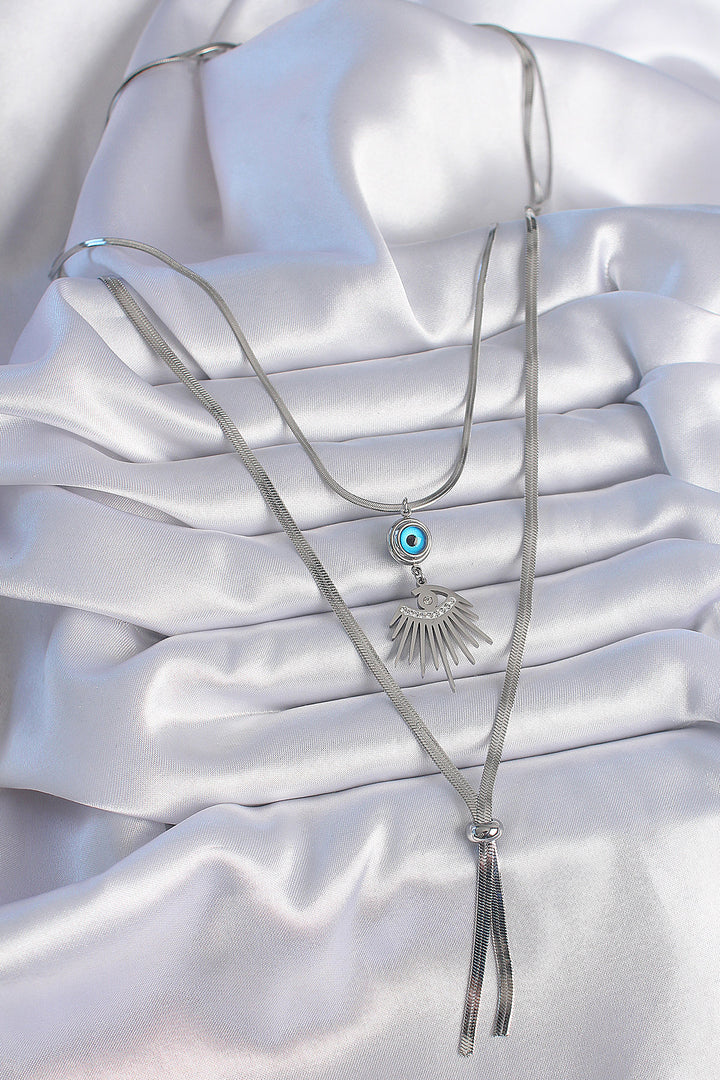 EBJ 316L Stainless Steel Silver Color 2-Piece Italian Chain Eye Figure Zircon Stone Women's Necklace - Midland
