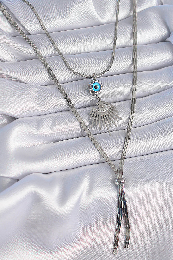 EBJ 316L Stainless Steel Silver Color 2-Piece Italian Chain Eye Figure Zircon Stone Women's Necklace - Midland