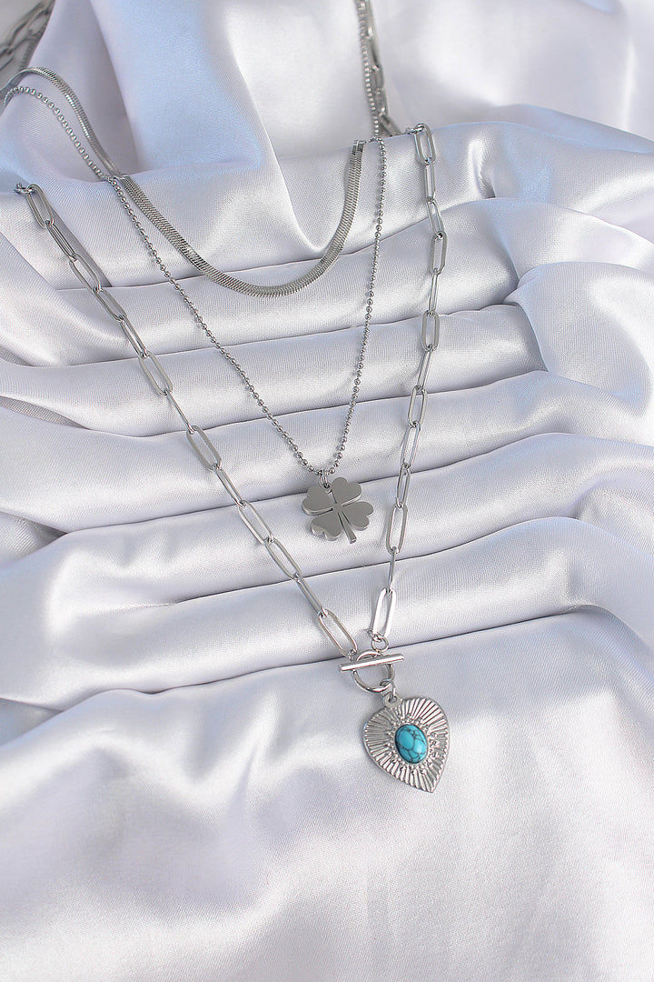 EBJ 316L Stainless Steel Silver Color 3-Piece Chain Model Clover Figure Long Women's Necklace - Metz