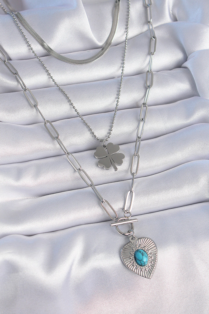 EBJ 316L Stainless Steel Silver Color 3-Piece Chain Model Clover Figure Long Women's Necklace - Metz