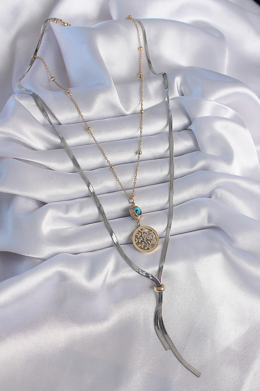 EBJ 316L Steel Mixed Color Sprout Figure Evil Eye Bead Detail Long Women's Necklace - Tuckahoe