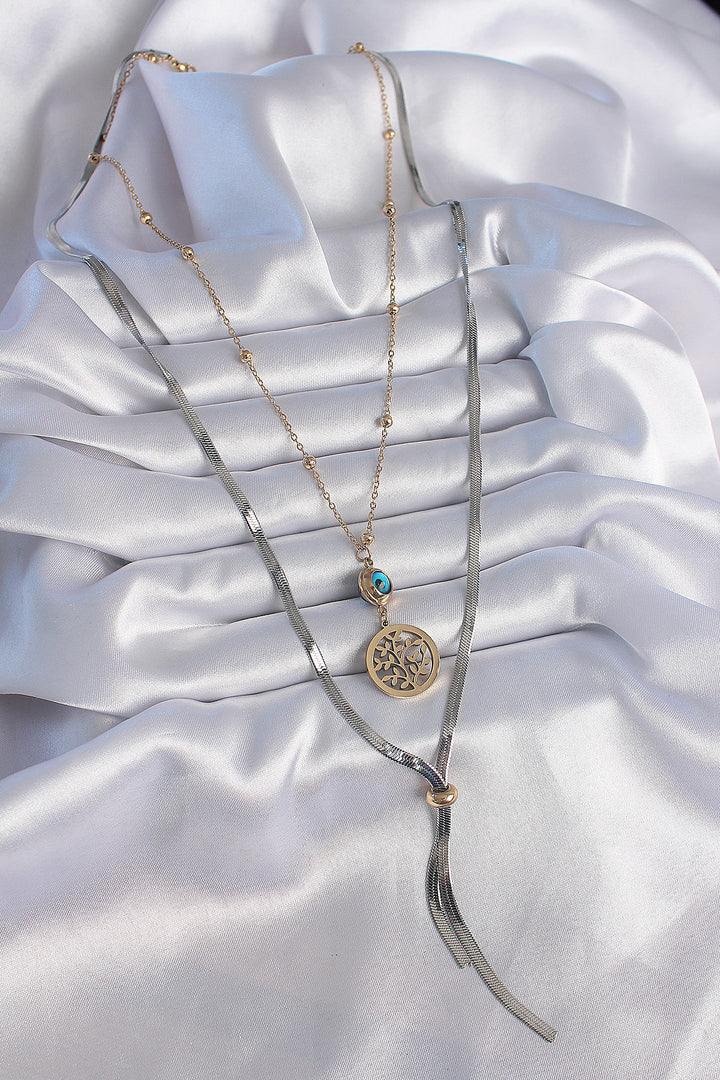 EBJ 316L Steel Mixed Color Sprout Figure Evil Eye Bead Detail Long Women's Necklace - Tuckahoe