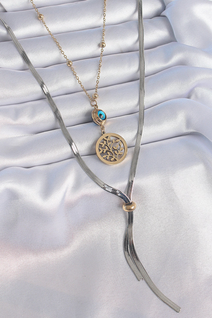 EBJ 316L Steel Mixed Color Sprout Figure Evil Eye Bead Detail Long Women's Necklace - Tuckahoe