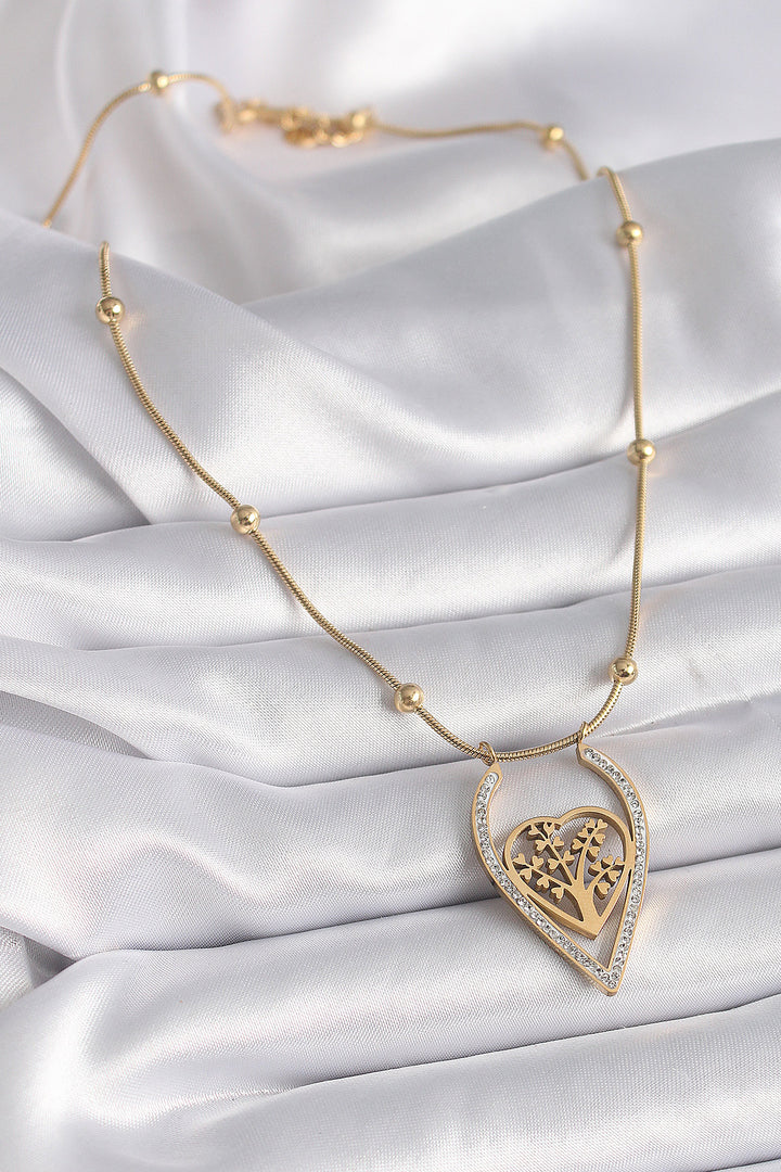 EBJ 316L Steel Gold Color Zircon Stone Detailed Heart Sapling Model Women's Necklace - Tlalixcoyan
