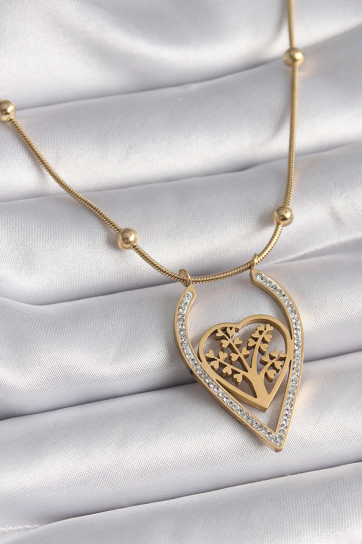EBJ 316L Steel Gold Color Zircon Stone Detailed Heart Sapling Model Women's Necklace - Tlalixcoyan