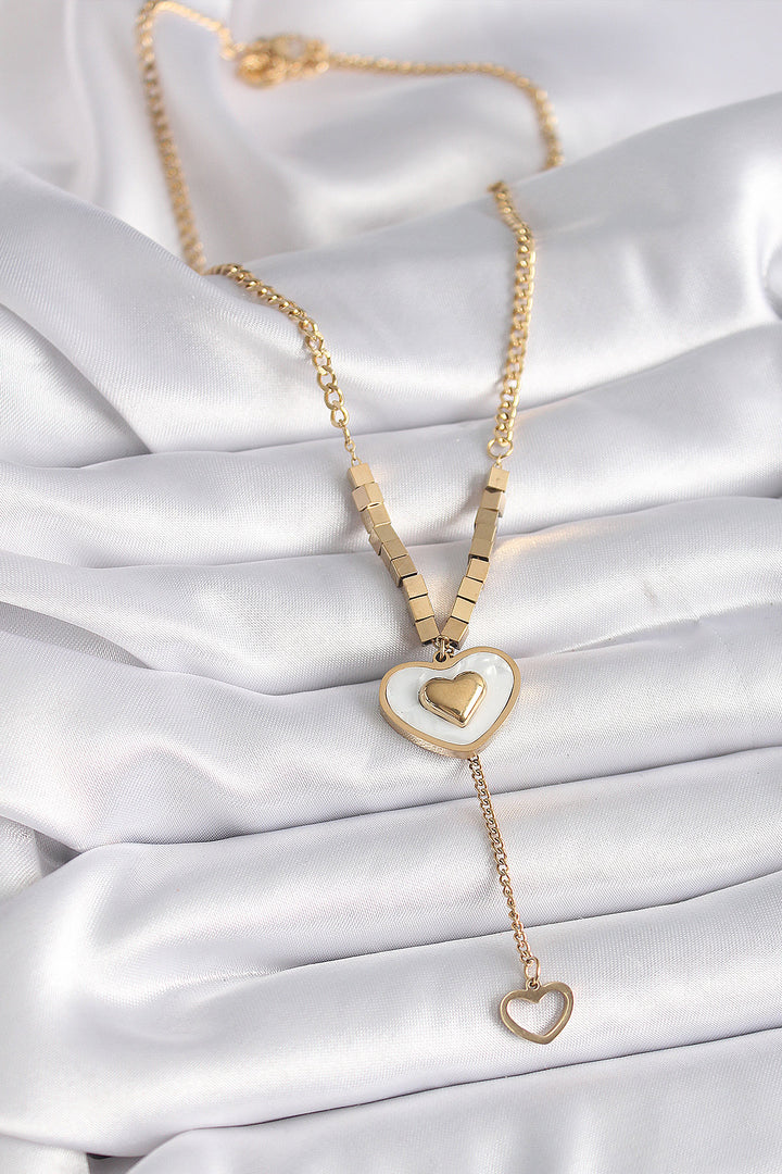 EBJ 316L Stainless Steel Gold Color White Mother of Pearl Heart Shape Pendant Detail Women's Necklace - Redding