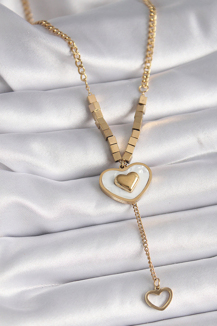 EBJ 316L Stainless Steel Gold Color White Mother of Pearl Heart Shape Pendant Detail Women's Necklace - Redding