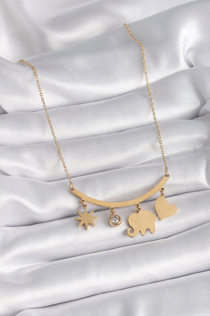 EBJ 316L Steel Gold Color Elephant Figure Zircon Stone Detail Women's Necklace - Northglenn
