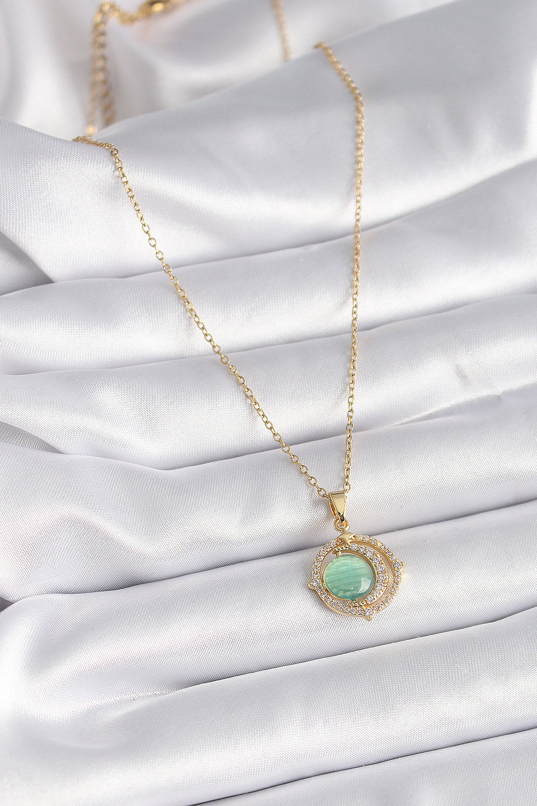 EBJ 316L Steel Gold Color Green Mother of Pearl Zircon Stone Crescent Moon Model Women's Necklace - Beverly