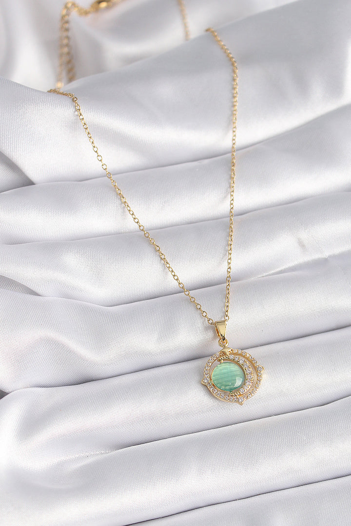 EBJ 316L Steel Gold Color Green Mother of Pearl Zircon Stone Crescent Moon Model Women's Necklace - Beverly