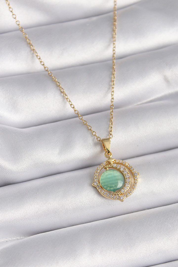 EBJ 316L Steel Gold Color Green Mother of Pearl Zircon Stone Crescent Moon Model Women's Necklace - Beverly