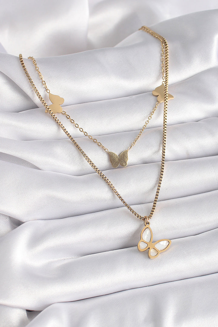 EBJ 316L Steel Gold Color 2-Piece Chain Model White Mother of Pearl Butterfly Figure Women's Necklace - Granby