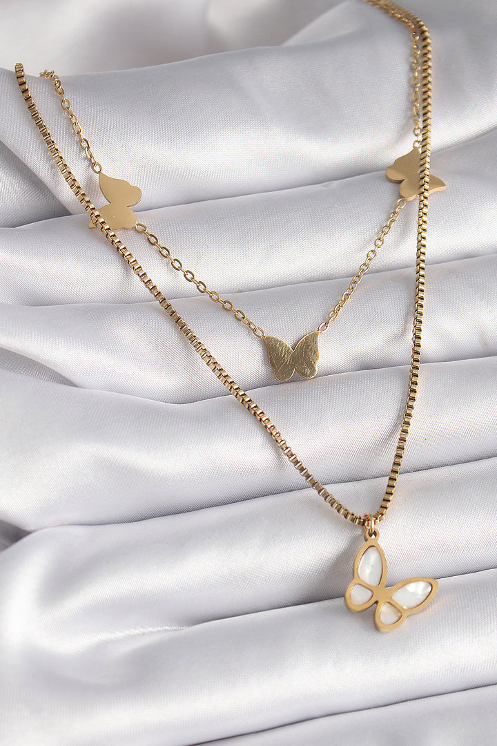 EBJ 316L Steel Gold Color 2-Piece Chain Model White Mother of Pearl Butterfly Figure Women's Necklace - Granby