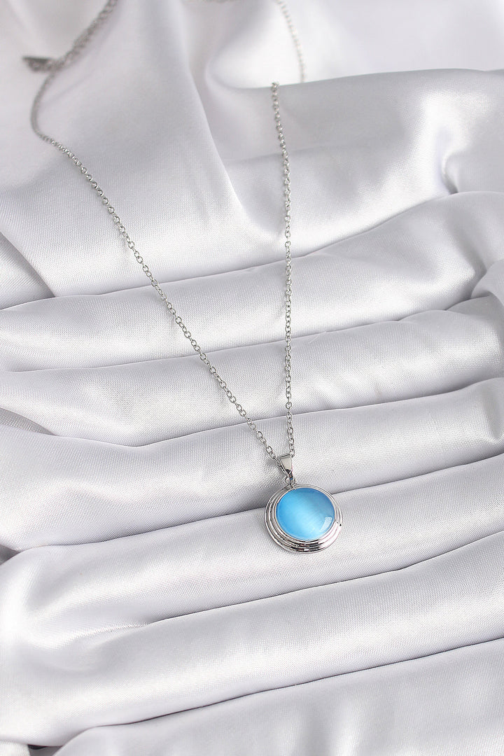 EBJ 316L Stainless Steel Silver Color Blue Mother of Pearl Round Model Women's Necklace - El Monte
