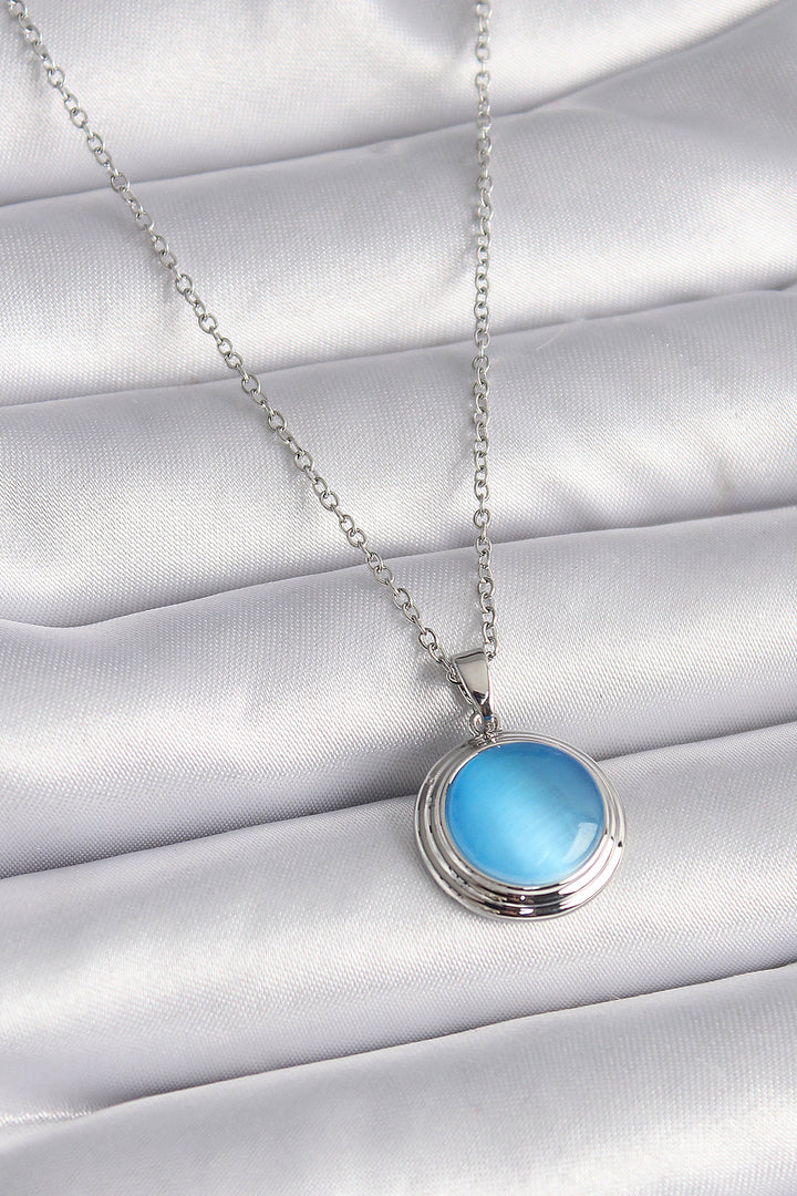 EBJ 316L Stainless Steel Silver Color Blue Mother of Pearl Round Model Women's Necklace - El Monte