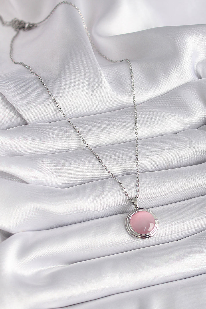 EBJ 316L Stainless Steel Silver Color Round Pink Mother of Pearl Model Women's Necklace - Mission Viejo