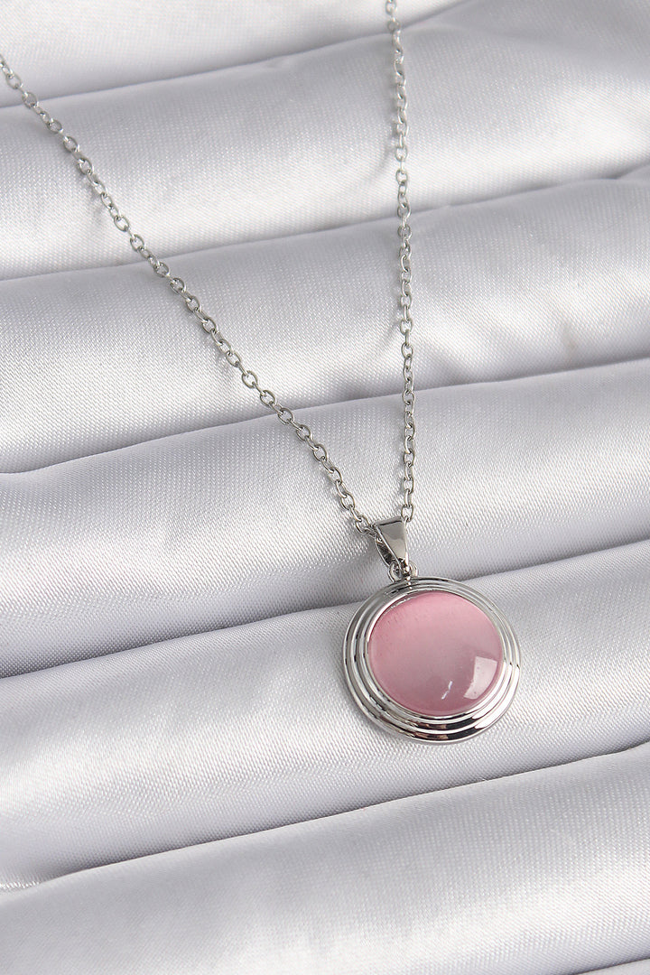EBJ 316L Stainless Steel Silver Color Round Pink Mother of Pearl Model Women's Necklace - Mission Viejo