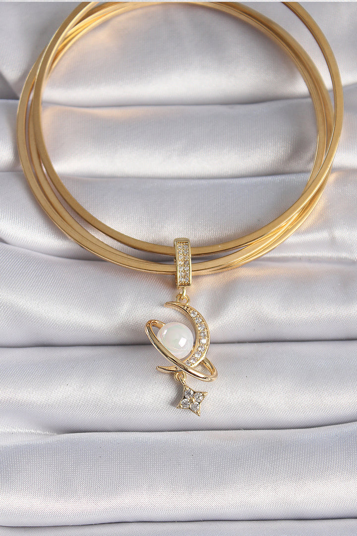 EBJ Rice Gold Color Zircon Stone Detailed Crescent Model Pendant with Pearl Ajda Charm - Korydallós