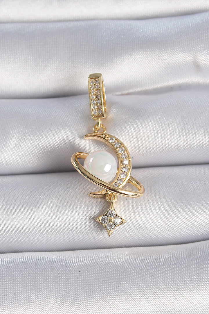EBJ Rice Gold Color Zircon Stone Detailed Crescent Model Pendant with Pearl Ajda Charm - Korydallós