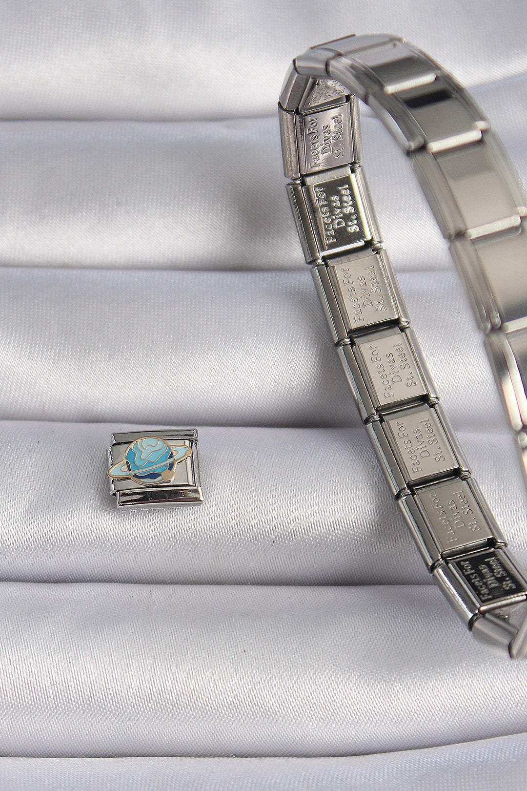 EBJ 316L Steel Silver Color Blue Planet Saturn Embroidered Nomination Charm - Boca Raton