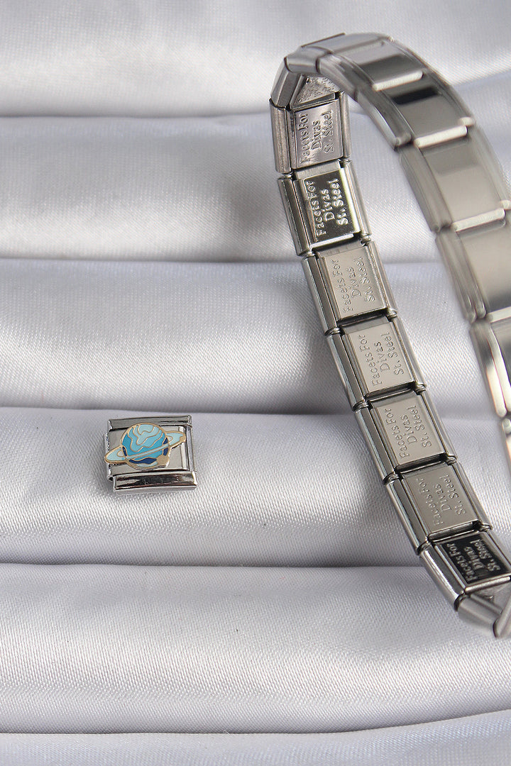 EBJ 316L Steel Silver Color Blue Planet Saturn Embroidered Nomination Charm - Boca Raton