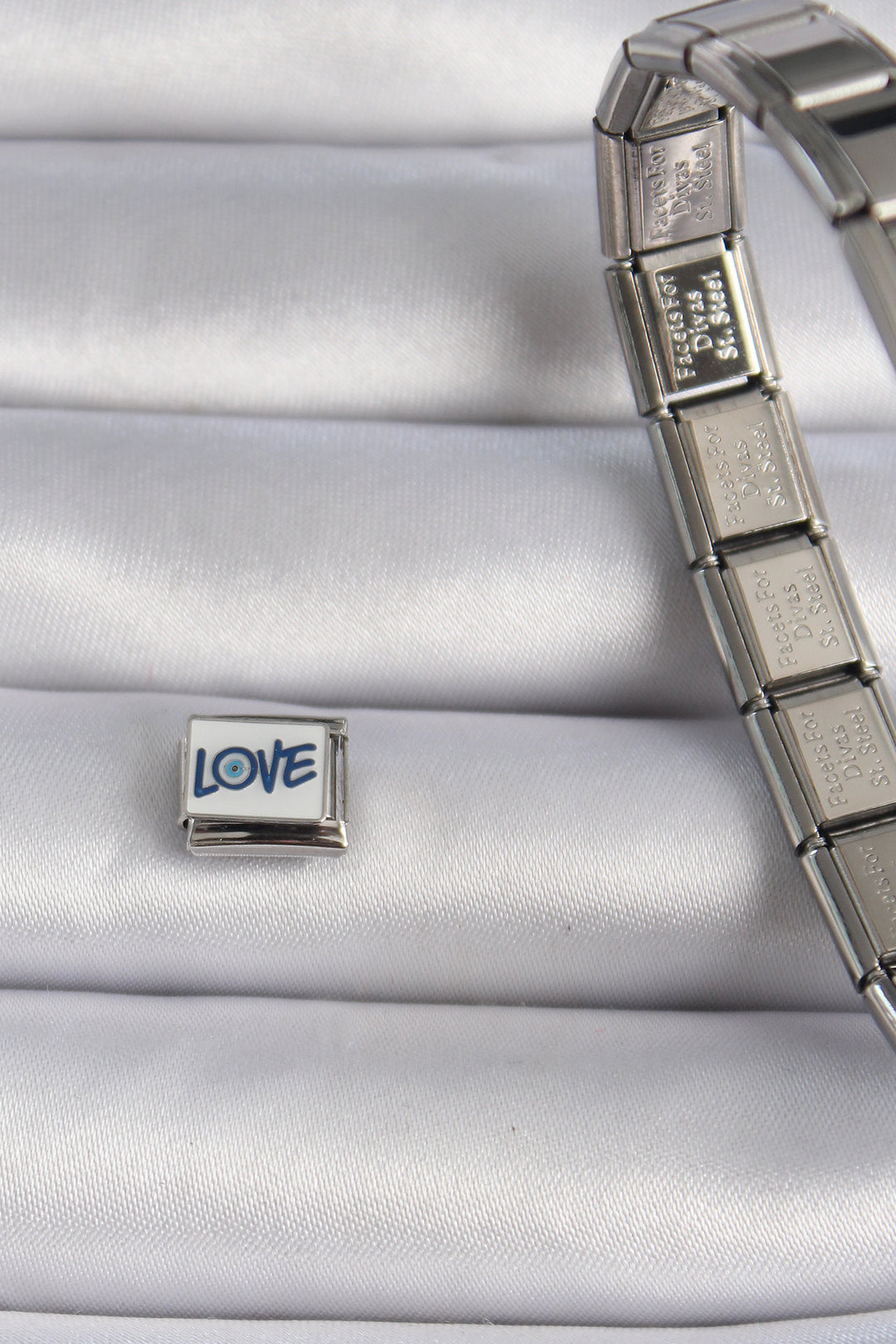 EBJ 316L Stainless Steel Silver Color White Blue Love Embroidered Nomination Charm - Tula de Allende