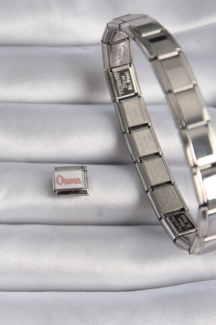 EBJ 316L Stainless Steel Silver Color White Pink Ouma Embroidered Nomination Charm - Barking