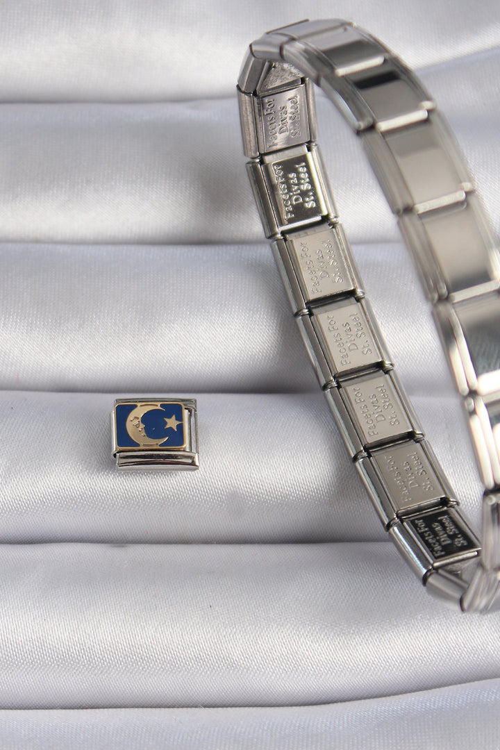 EBJ 316L Steel Silver Color Blue Yellow Star and Crescent Embroidered Nomination Charm - San Leandro