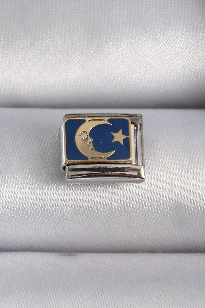 EBJ 316L Steel Silver Color Blue Yellow Star and Crescent Embroidered Nomination Charm - San Leandro