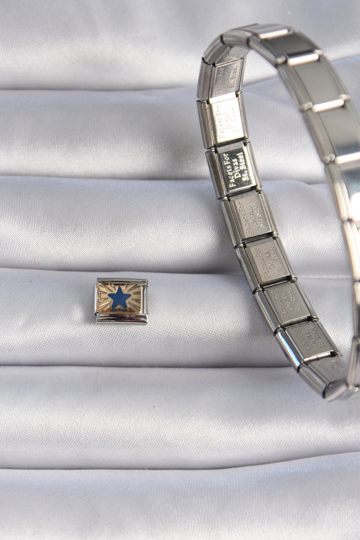 EBJ 316L Stainless Steel Silver Color Gold Blue Star Embroidered Nomination Charm - Agrigento