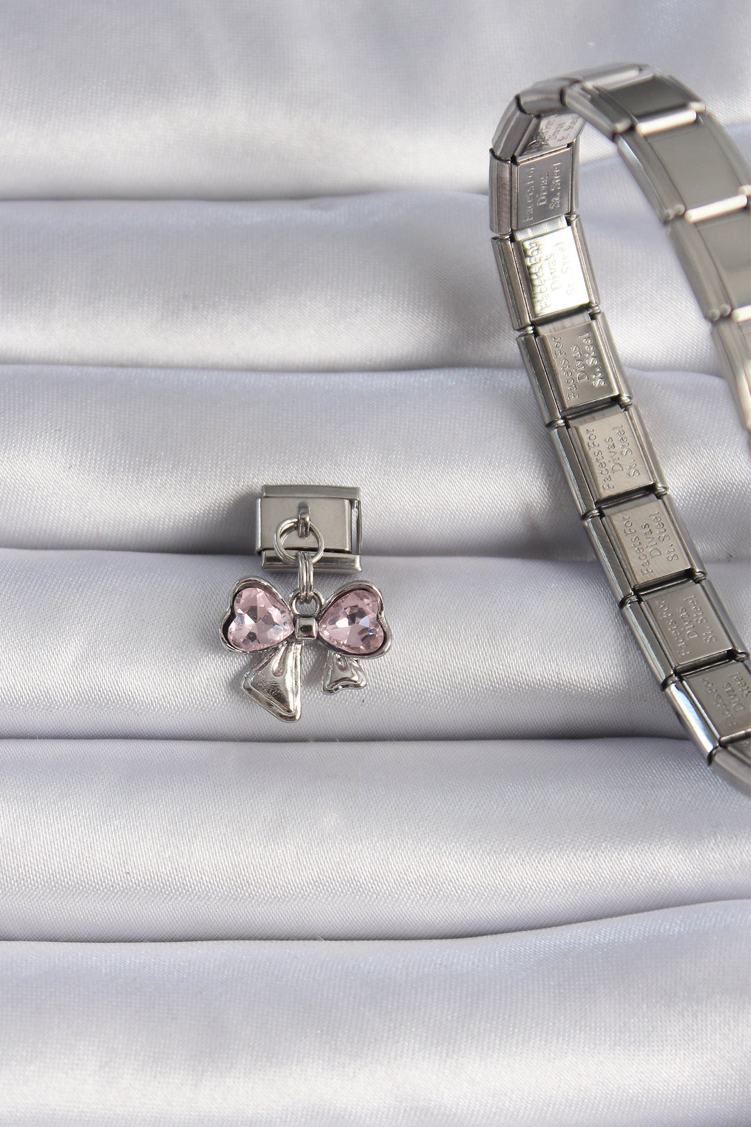 EBJ 316L Steel Silver Color Pink Zircon Stone Dangling Ribbon Nomination Charm - Culver City