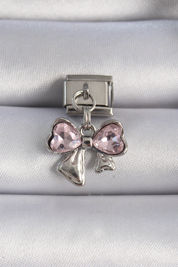EBJ 316L Steel Silver Color Pink Zircon Stone Dangling Ribbon Nomination Charm - Culver City