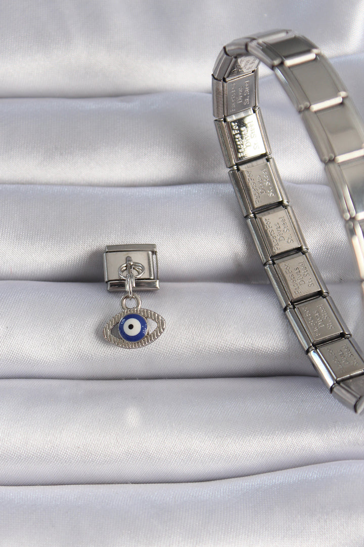 EBJ 316L Stainless Steel Silver Color Swinging Eye Figure Evil Eye Bead Detail Nomination Charm - Stavroúpoli