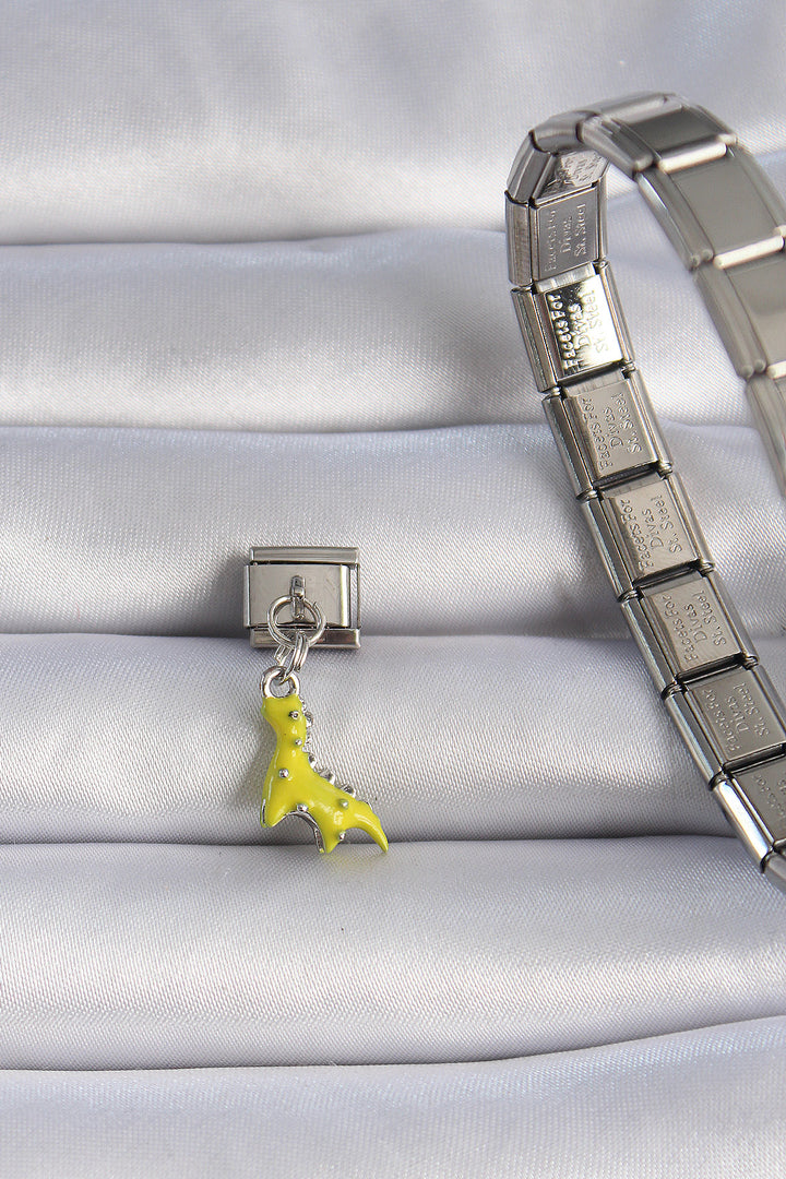 EBJ 316L Stainless Steel Silver Color Dangling Yellow Dinosaur Figure Nomination Charm - Saratoga Springs