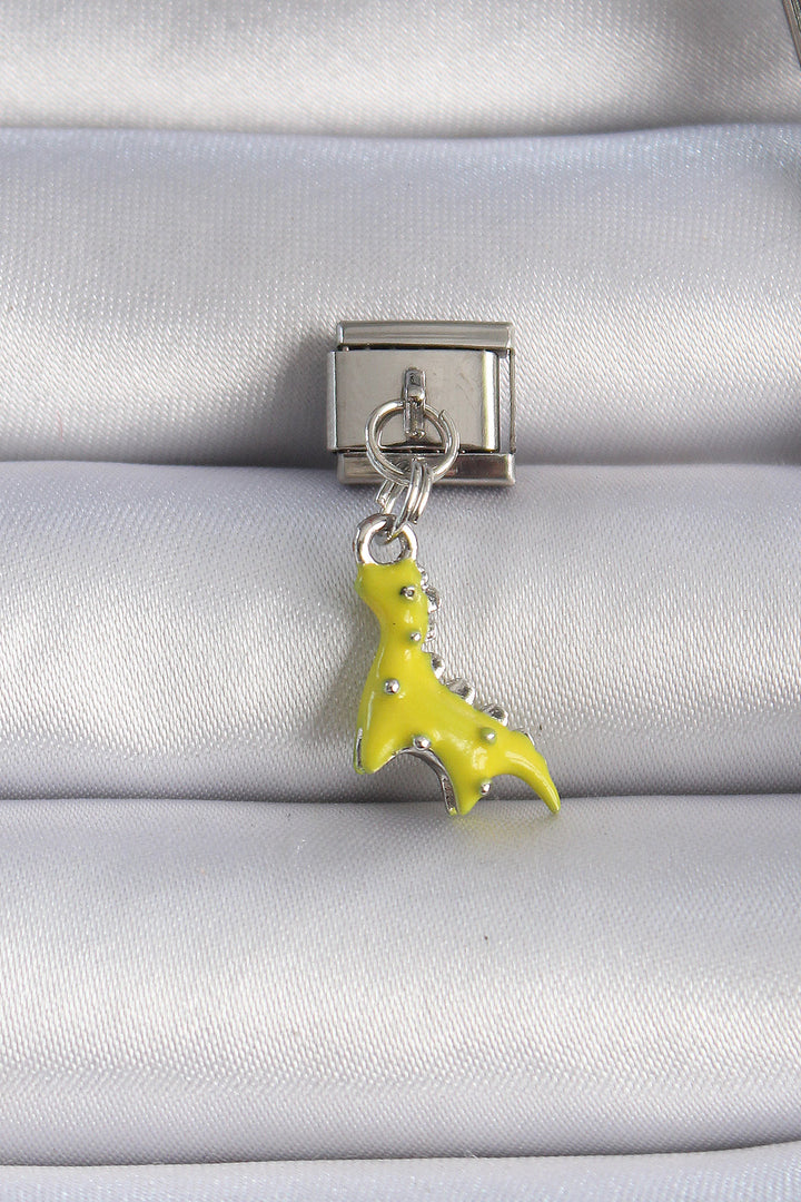 EBJ 316L Stainless Steel Silver Color Dangling Yellow Dinosaur Figure Nomination Charm - Saratoga Springs