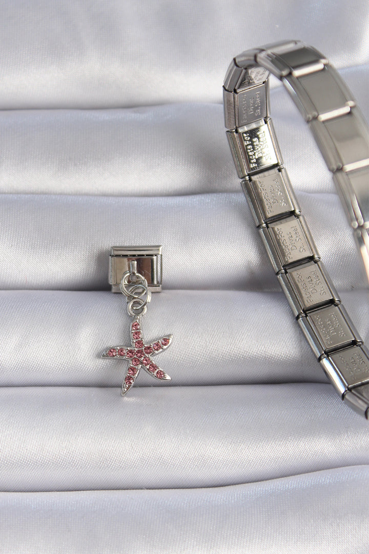 EBJ 316L Steel Silver Color Starfish Figure Pink Zircon Stone Nomination Charm - Bucha