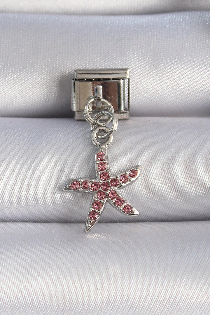 EBJ 316L Steel Silver Color Starfish Figure Pink Zircon Stone Nomination Charm - Bucha
