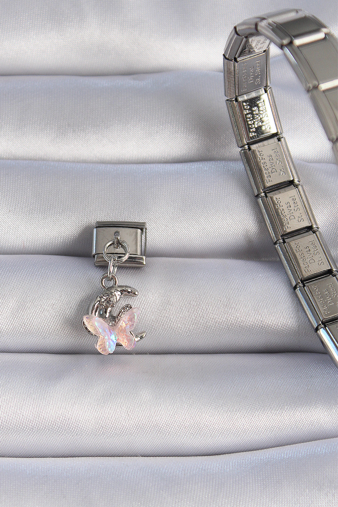 EBJ 316L Stainless Steel Silver Color Dangling Pink Butterfly Crescent Moon Figure Nomination Charm - Arlington Heights