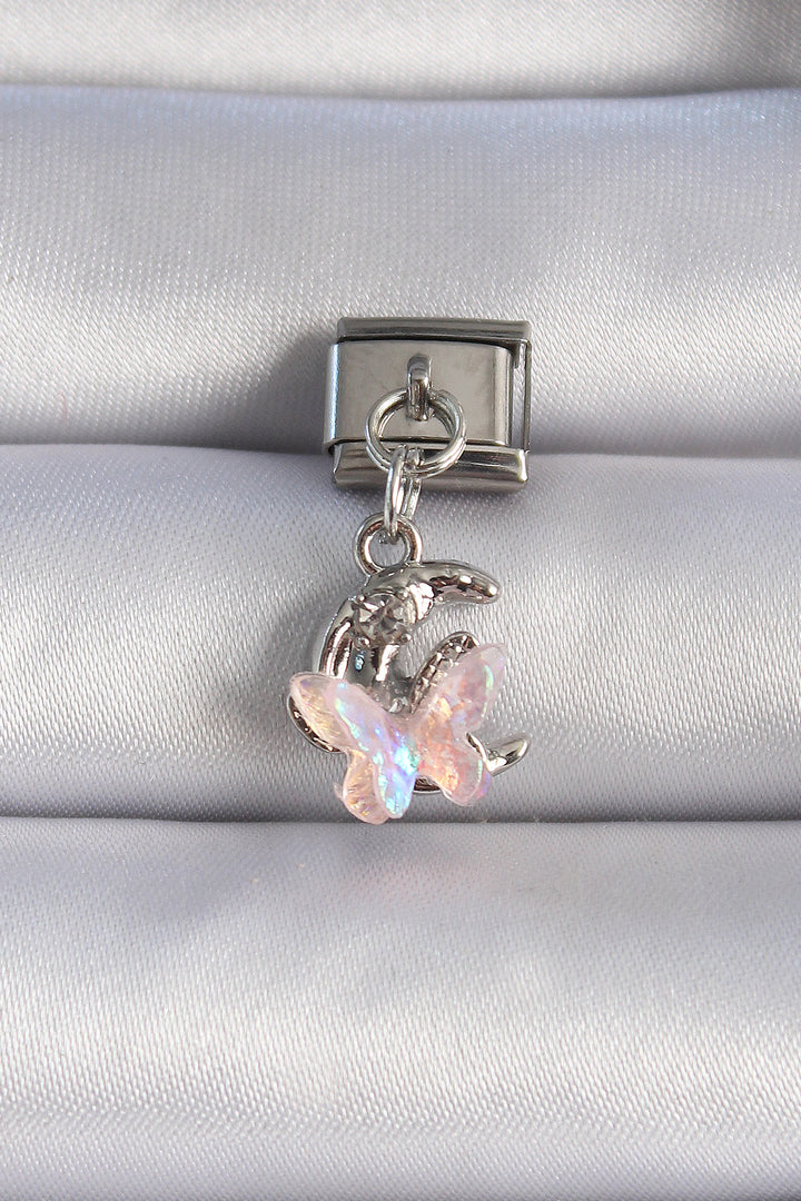 EBJ 316L Stainless Steel Silver Color Dangling Pink Butterfly Crescent Moon Figure Nomination Charm - Arlington Heights