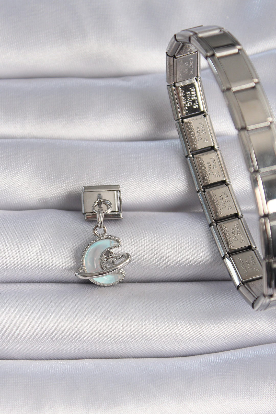 EBJ 316L Steel Silver Color Dangling Blue Enamel Crescent Figure with Zircon Stone Detailed Nomination Charm - Fulda