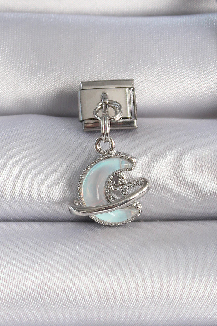 EBJ 316L Steel Silver Color Dangling Blue Enamel Crescent Figure with Zircon Stone Detailed Nomination Charm - Fulda