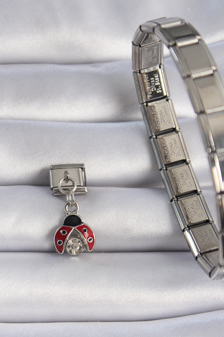 EBJ 316L Stainless Steel Silver Color Dangling Red Ladybug Zircon Stone Detail Nomination Charm - Chelles