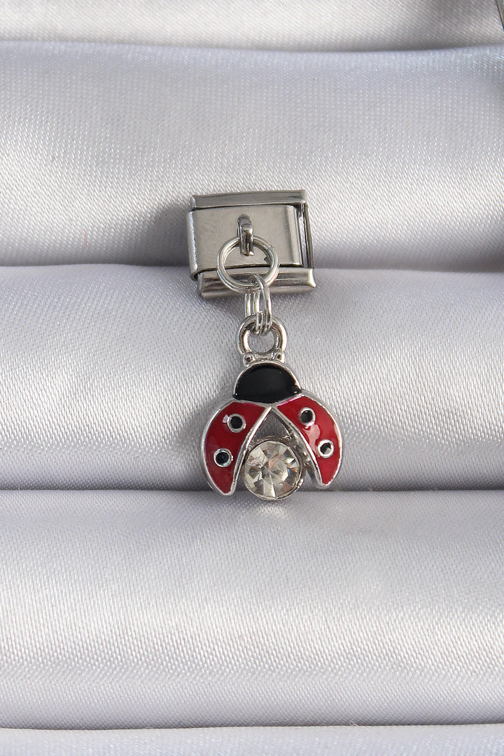 EBJ 316L Stainless Steel Silver Color Dangling Red Ladybug Zircon Stone Detail Nomination Charm - Chelles