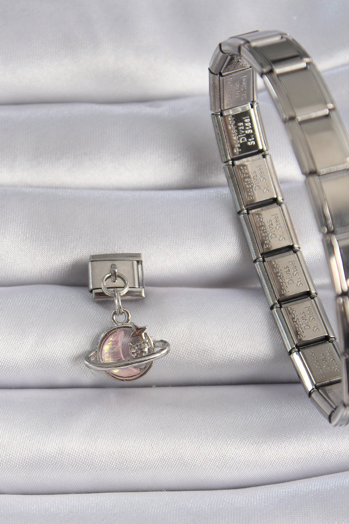 EBJ 316L Steel Silver Color Pink Enamel Crescent Star Figure with Zircon Stone Nomination Charm - Miahuatlán de Porfirio Díaz