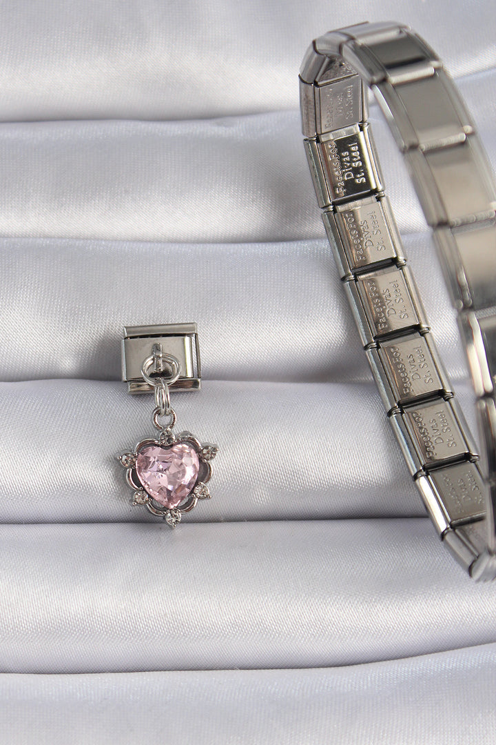 EBJ 316L Steel Silver Color Dangling Pink Zircon Stone Heart Nomination Charm - Medgidia