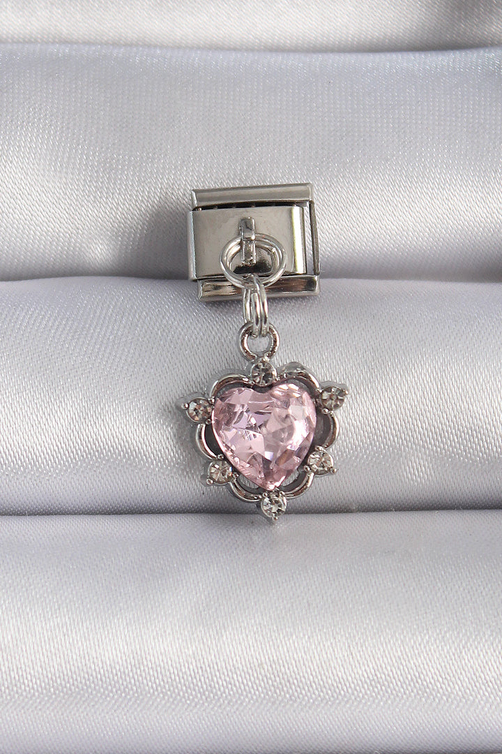 EBJ 316L Steel Silver Color Dangling Pink Zircon Stone Heart Nomination Charm - Medgidia